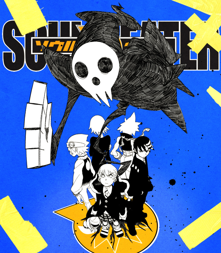 2girls 3boys awk_(awkawkl) black_hair black_star commentary copyright_name crona_(soul_eater) death_the_kid english_commentary from_above highres maka_albarn multiple_boys multiple_girls necktie plaid_clothes plaid_skirt shinigami-sama skirt soul_eater soul_evans twintails