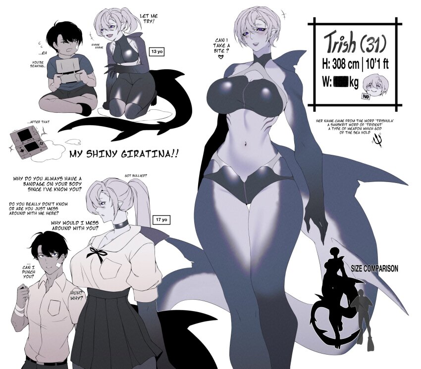 1boy 1girl age_progression bandaid bandaid_on_cheek bandaid_on_face bikini bite_mark bite_mark_on_arm bite_mark_on_leg black_bikini black_choker black_hair black_panties black_skirt breasts cero_rains choker cleavage cleavage_cutout clothing_cutout commentary earrings english_text fingernails fins fish_girl fish_tail full_body gills grey_hair hair_between_eyes hand_on_ground handheld_game_console heart height_difference highres holding holding_handheld_game_console huge_breasts indian_style information_sheet jewelry kneeling long_legs looking_at_another midriff mole mole_under_eye monster_girl navel original panties parted_lips pointy_ears ponytail puffy_short_sleeves puffy_sleeves purple_eyes shark_girl shark_tail sharp_fingernails sharp_teeth shirt short_hair short_sleeves simple_background sitting size_difference skindentation skirt small_breasts spoken_heart standing sweatdrop swimsuit symbol-only_commentary tail tall_female teeth thick_thighs thighs toned toned_female toned_male trish_(cero_rains) underwear upper_body white_background white_shirt