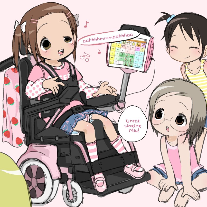 4girls ana_coppola barefoot beamed_eighth_notes black_hair blonde_hair blue_skirt brown_eyes brown_hair closed_eyes diaper eighth_note english_text grey_hair hair_bobbles hair_ornament hairclip highres humongousoranges ichigo_mashimaro indian_style itou_chika matsuoka_miu multiple_girls musical_note one_side_up parallel_hairclips pink_socks pink_tank_top sakuragi_matsuri short_hair sitting skirt socks speech_bubble striped_clothes striped_socks striped_tank_top tank_top twintails wheelchair yellow_tank_top