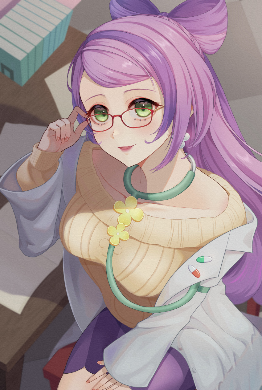 1girl absurdres adjusting_eyewear breasts chair coat collarbone commentary_request eyelashes glasses green_eyes hand_on_own_thigh hand_up highres long_hair long_sleeves looking_up medium_breasts miriam_(pokemon) nagi-negitoro nail_polish nintendo off_shoulder open_clothes open_coat pink_nails pokemon pokemon_sv purple_hair purple_skirt red-framed_eyewear sitting skirt smile solo striped_clothes striped_skirt sweater table yellow_sweater