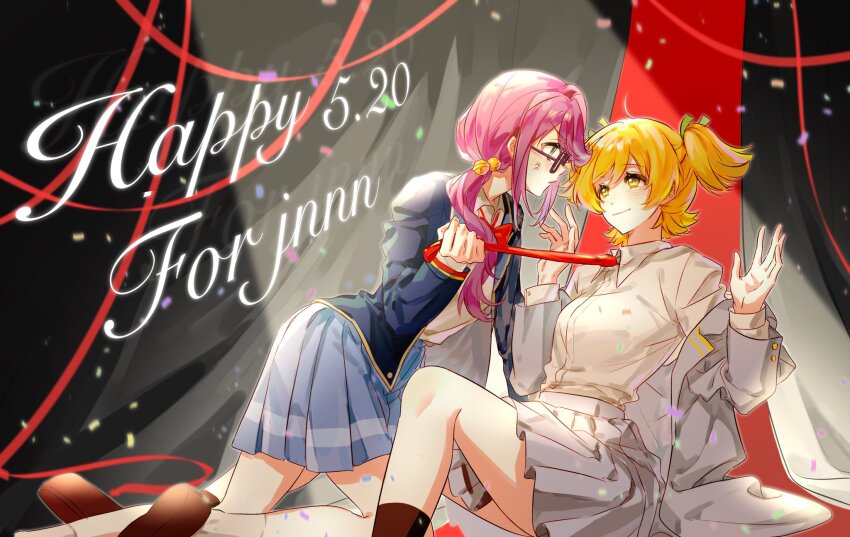2girls anger_vein bell between_legs black-framed_eyewear black_background blonde_hair blue_jacket blue_skirt bow bowtie brown_shoes brown_socks buttons closed_mouth clothes_grab collared_shirt commentary confetti daiba_nana english_text eye_contact face-to-face foot_out_of_frame glasses green_eyes green_ribbon hair_bell hair_between_eyes hair_ornament hair_ribbon hand_up hands_up hashtag-only_commentary highres hoshimi_junna jacket jacket_partially_removed knee_up kneeling lapels leaning_forward light_blush long_hair long_sleeves looking_at_another low_side_ponytail mangoshotsekox miniskirt multiple_girls necktie necktie_grab neckwear_grab notched_lapels open_clothes open_hands open_jacket pleated_skirt profile purple_hair red_bow red_bowtie red_necktie red_ribbon red_trim ribbon shirt shoes short_hair short_twintails shoujo_kageki_revue_starlight single_horizontal_stripe sitting skirt smile socks spotlight twintails v-shaped_eyebrows white_shirt yellow_trim yuri