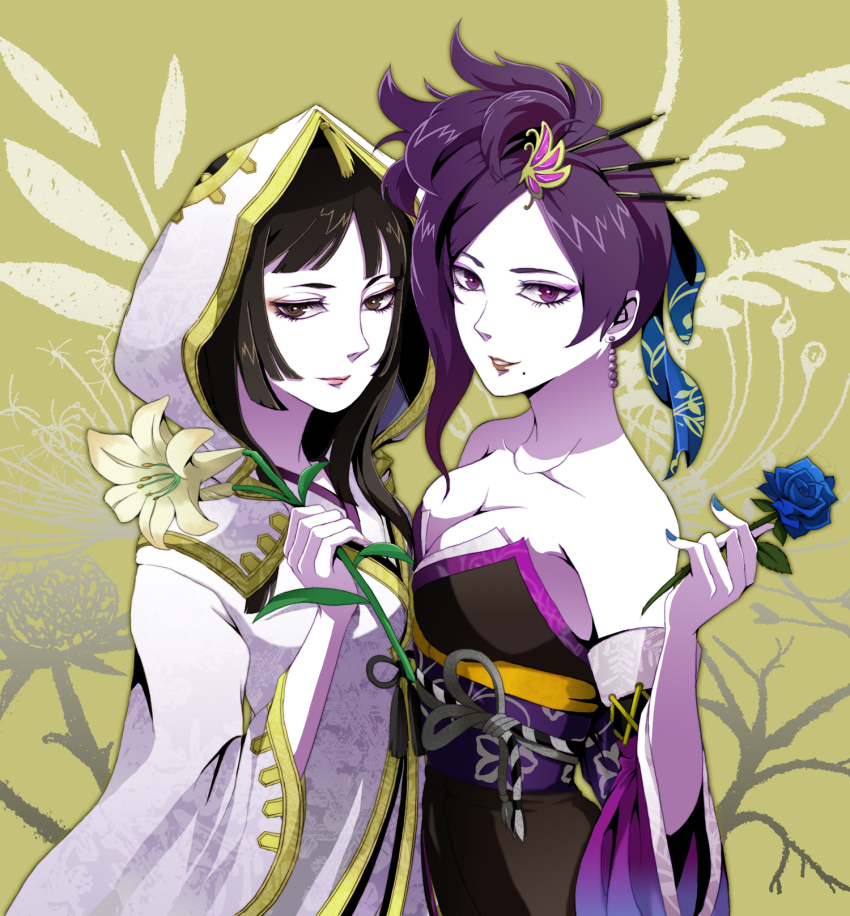 aya_gozen blue_flower blue_nails blue_rose blunt_bangs breasts brown_eyes brown_hair butterfly_hair_ornament cleavage cloak detached_sleeves earrings eyelashes eyeshadow fingernails flower gold_trim hair_ornament hair_ribbon highres holding holding_flower hood hood_up hooded_cloak japanese_clothes jewelry kimono large_breasts lily_(flower) lips lipstick long_sleeves makeup mole mole_under_mouth nail_polish nouhime parted_bangs purple_eyes purple_hair ribbon rose sengoku_musou smile yukata