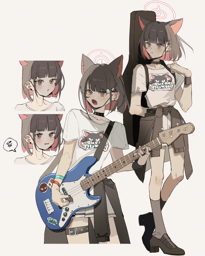 1girl :t absurdres animal_ears bass_guitar belt black_hair black_jacket blue_archive bracelet brown_footwear brown_socks choker clothes_around_waist colored_inner_hair commentary_request cropped_legs bass_guitar extra_ears feet_out_of_frame fender_jazz_bass halo hand_up highres holding holding_instrument instrument instrument_case jacket jacket_around_waist jewelry kazusa_(band)_(blue_archive) kazusa_(blue_archive) loafers looking_at_viewer multicolored_hair note_nii open_mouth pink_hair pleated_skirt scribble shirt shoes short_hair simple_background skirt socks t-shirt thigh_belt thigh_strap white_background white_shirt white_skirt