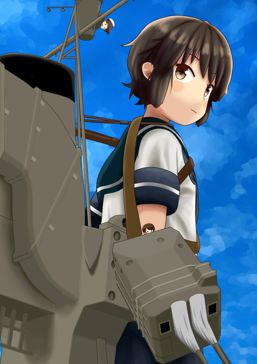 3girls absurdres adapted_turret black_hair blue_sailor_collar blue_skirt blue_sky brown_eyes cloud fairy_(kancolle) from_side hashtag-only_commentary highres kantai_collection looking_at_viewer mini_person minigirl miyuki_(kancolle) multiple_girls sailor_collar sailor_shirt school_uniform serafuku shirt short_hair skirt sky smokestack solo_focus subprocedure upper_body white_shirt