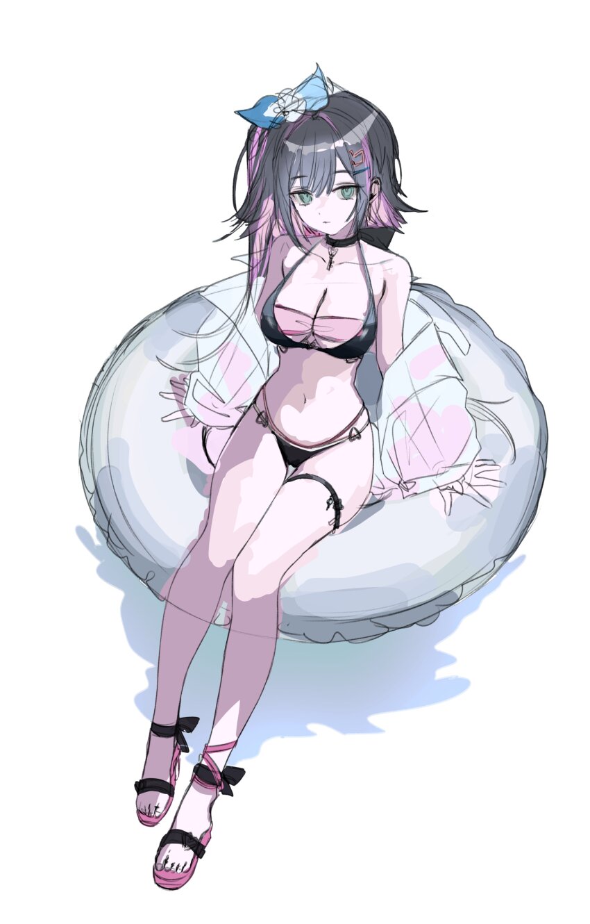 1girl abigail_(black_survival) absurdres bare_shoulders bikini black_bikini black_choker black_hair black_survival breasts choker cleavage colored_inner_hair eternal_return:_black_survival expressionless full_body green_eyes hair_ribbon highres innertube jacket layered_bikini long_hair looking_at_viewer medium_breasts multi-strapped_bikini_bottom multicolored_hair navel off_shoulder official_alternate_costume okchun one_side_up pink_bikini purple_hair ribbon sandals simple_background sketch solo stomach streaked_hair string_bikini swim_ring swimsuit thigh_strap thighs two-tone_hair white_background white_jacket