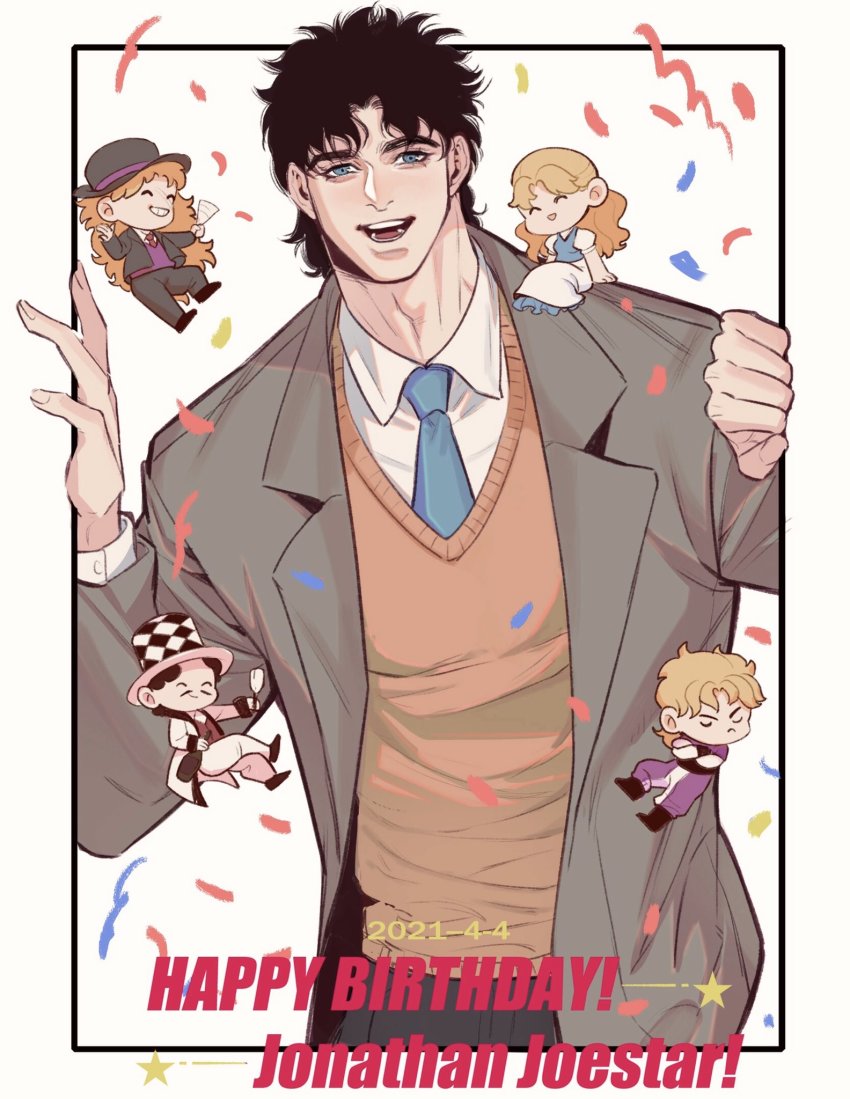 1girl 4boys black_hair blonde_hair blue_eyes brown_hair chibi confetti dated dio_brando erina_pendleton happy_birthday hat highres jojo_no_kimyou_na_bouken jonathan_joestar male_focus multiple_boys necktie phantom_blood robert_e._o._speedwagon spadelake sweater_vest top_hat will_anthonio_zeppeli