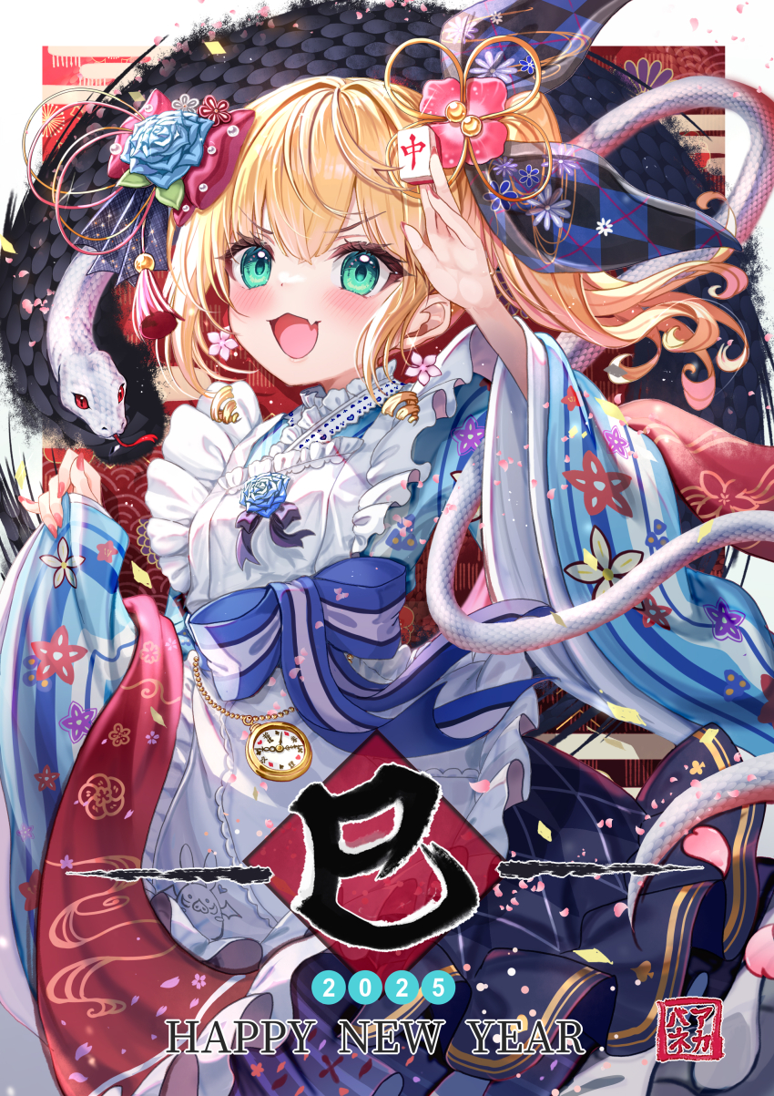 1girl 2025 :d absurdres akabane_(zebrasmise) alternate_costume animal apron blonde_hair blue_flower blue_kimono blue_ribbon blue_rose blush chinese_zodiac commentary commentary_request earrings english_commentary english_text fang flower flower_earrings green_eyes hair_flower hair_ornament happy_new_year highres holding holding_mahjong_tile japanese_clothes jewelry kimono mahjong mahjong_tile mononobe_alice nail_polish new_year nijisanji open_mouth pocket_watch ponytail red_nails ribbon rose skin_fang smile snake solo v-shaped_eyebrows virtual_youtuber watch white_apron wide_sleeves year_of_the_snake