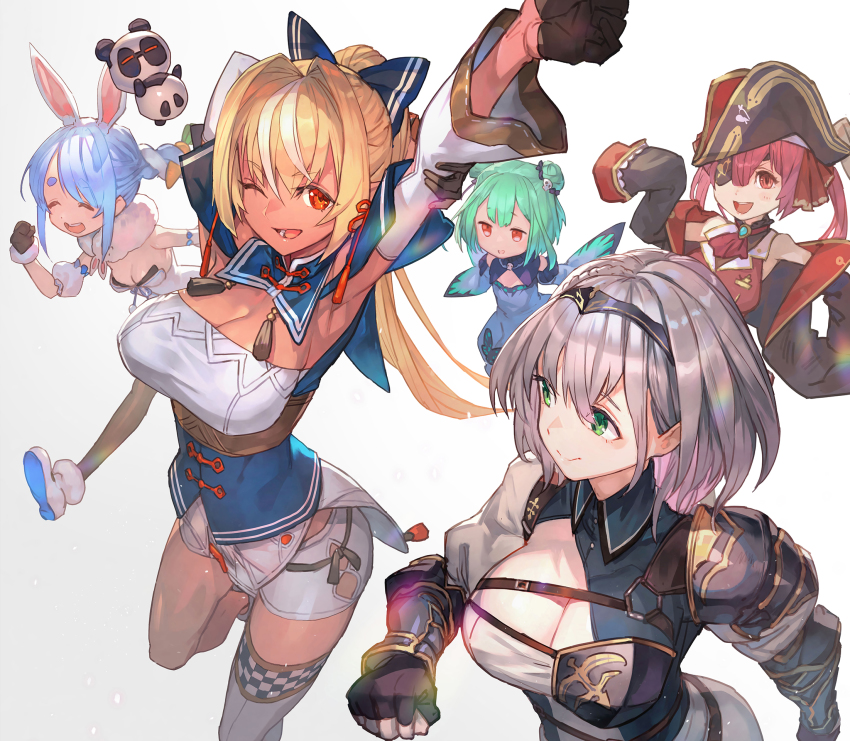5girls :d ;d ^_^ animal_ear_fluff animal_ears animal_print arm_cuffs arm_up armor armpits arms_behind_head arms_up ascot bicorne black_coat black_gloves black_headwear black_leotard black_pantyhose blonde_hair blue_bow blue_dress blue_hair blue_shirt blush boots bow braid breasts brooch butterfly_print carrot_hair_ornament center_opening chest_belt cleavage closed_eyes closed_mouth coat collared_shirt corset cowboy_shot cropped_jacket dark-skinned_female dark_skin detached_sleeves don-chan_(usada_pekora) double_bun dress elf eyepatch fingerless_gloves flat_chest floating food-themed_hair_ornament full_body fur-trimmed_footwear fur-trimmed_gloves fur_scarf fur_trim gloves green_eyes green_hair grey_background hair_between_eyes hair_bow hair_bun hair_ornament hairband half_gloves hat highres hikimayu hololive hololive_fantasy houshou_marine jacket jewelry kintsuba_(shiranui_flare) lack large_breasts leotard leotard_under_clothes light_blue_hair long_hair looking_at_another looking_at_viewer looking_to_the_side medium_breasts multicolored_hair multiple_girls non-web_source off-shoulder_dress off_shoulder official_art one_eye_closed open_mouth pantyhose parted_bangs pauldrons pirate_hat pointy_ears ponytail rabbit_ears red_ascot red_eyes red_hair red_jacket running shiranui_flare shiranui_flare_(old_design) shirogane_noel shirogane_noel_(1st_costume) shirt short_dress short_hair short_shorts shorts shoulder_armor simple_background single_pauldron single_thighhigh sleeveless sleeveless_jacket sleeves_past_fingers sleeves_past_wrists small_breasts smile strap stretching tassel thick_eyebrows thighhighs thighs tiara twin_braids twintails two-tone_hair two-tone_shirt upper_body uruha_rushia uruha_rushia_(1st_costume) usada_pekora usada_pekora_(1st_costume) vambraces virtual_youtuber white_dress white_hair white_legwear white_shirt white_shorts