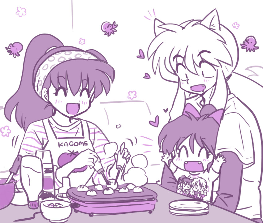 1boy 2girls :d animal_ears apron arms_up black_hair black_undershirt blush closed_eyes couch diagonal-striped_shirt dinner dog_ears drooling family fangs father_and_daughter food hair_ribbon happy heart high_ponytail higurashi_kagome holding_chibi husband_and_wife indoors inuyasha inuyasha_(character) long_hair looking_at_food mayonnaise monochrome moroha_(inuyasha) mother_and_daughter mouth_drool multiple_girls octopus open_mouth parent_and_child plate polka_dot_headband ponytail red_ribbon ribbon shirt sidelocks smile steam table takoyaki takoyaki_pan wanta_(futoshi) white_hair white_shirt