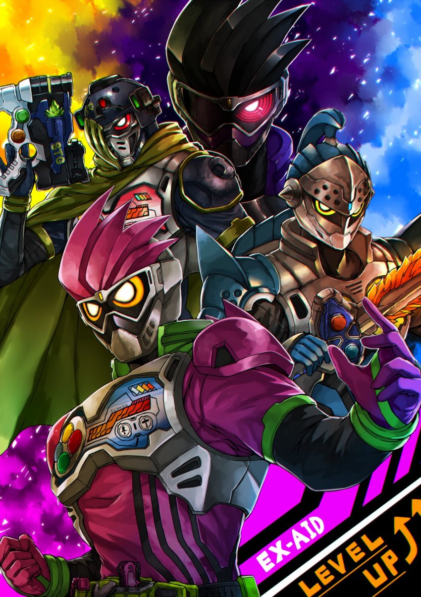 4boys action_gamer_level_2 bang_bang_shooting_level_2 gashacon_magnum gashacon_sword highres kamen_rider kamen_rider_brave kamen_rider_ex-aid kamen_rider_ex-aid_(series) kamen_rider_genm kamen_rider_snipe male_focus mighty_action_x_level_2 multiple_boys quest_gamer_level_2 shooter_gamer_level_2 sword taddle_quest_level_2 weapon yusuki_(fukumen)