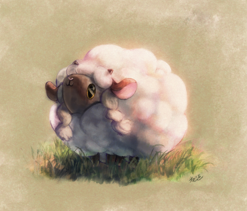 :3 animal_focus brown_eyes closed_mouth commentary_request full_body gen_8_pokemon grass grey_background highres iwaiya looking_ahead nintendo no_humans pokemon pokemon_(creature) sheep signature solo standing wool wooloo