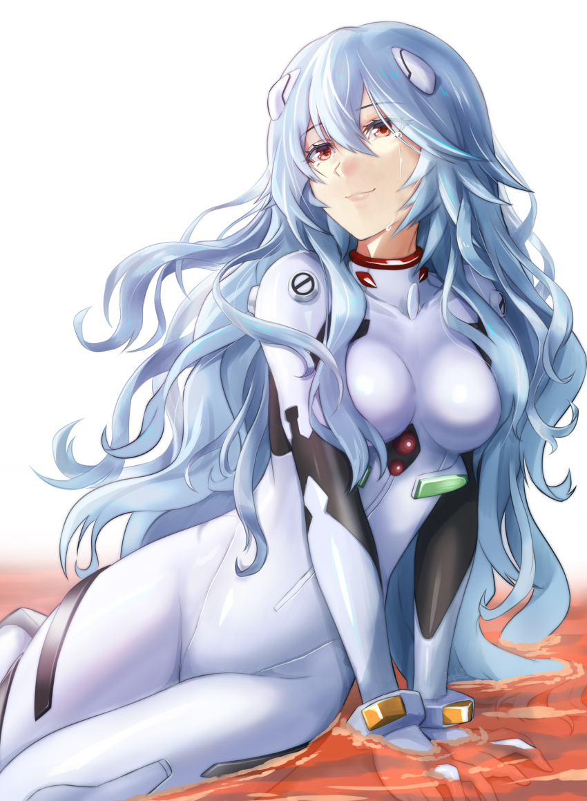 1girl absurdres ayanami_rei blue_hair bodysuit bracer colored_eyelashes commentary evangelion:_3.0+1.0_thrice_upon_a_time feet_out_of_frame hair_between_eyes hairpods happy_tears highres interface_headset_(evangelion) ivuki lcl long_hair looking_up mecha_pilot_suit neon_genesis_evangelion partially_submerged plugsuit_(evangelion) rebuild_of_evangelion red_eyes simple_background sitting smile solo tears thighs v_arms wavy_hair white_background white_bodysuit yokozuwari
