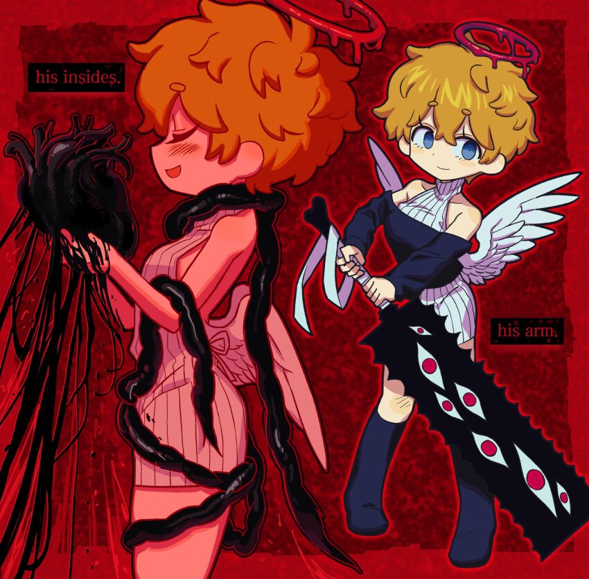 1girl angel angel_wings blonde_hair blue_eyes commentary dress english_commentary english_text feathered_wings feathers halo heart_(organ) highres holding holding_weapon intestines looking_at_viewer low_wings melting_halo multiple_views original pigeon-toed red_background red_halo satanmanse short_hair sweater sweater_dress turtleneck turtleneck_dress weapon white_feathers wings