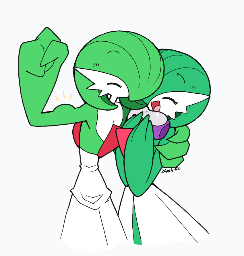 absurdres bob_cut closed_eyes colored_skin dress gardevoir gen_3_pokemon green_hair green_skin hair_over_one_eye highres hug multicolored_skin nintendo open_mouth pokemon pokemon_(creature) potion_(pokemon) signature smile superiordutchsauce two-tone_skin white_dress white_skin