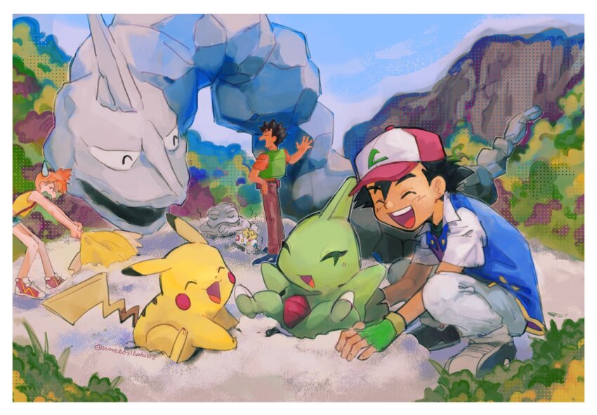 1girl 2boys :d ash_ketchum asymmetrical_hair baseball_cap black_hair blue_jacket brock_(pokemon) closed_eyes cloud creatures_(company) dark_skin day fingerless_gloves game_freak gen_1_pokemon gen_2_pokemon geodude gloves grass green_gloves green_shirt happy hat highres holding jacket larvitar misty_(pokemon) multiple_boys nintendo onix open_mouth orange_hair outdoors pants pikachu pokemon pokemon_(anime) pokemon_(classic_anime) pokemon_rgby ponytail psyduck shirt shoes short_hair short_sleeves shorts side_ponytail sky sleeveless sleeveless_shirt smile spiked_hair squatting standing teeth togepi tongue umebosibakari2 upper_teeth_only white_shirt yellow_shirt