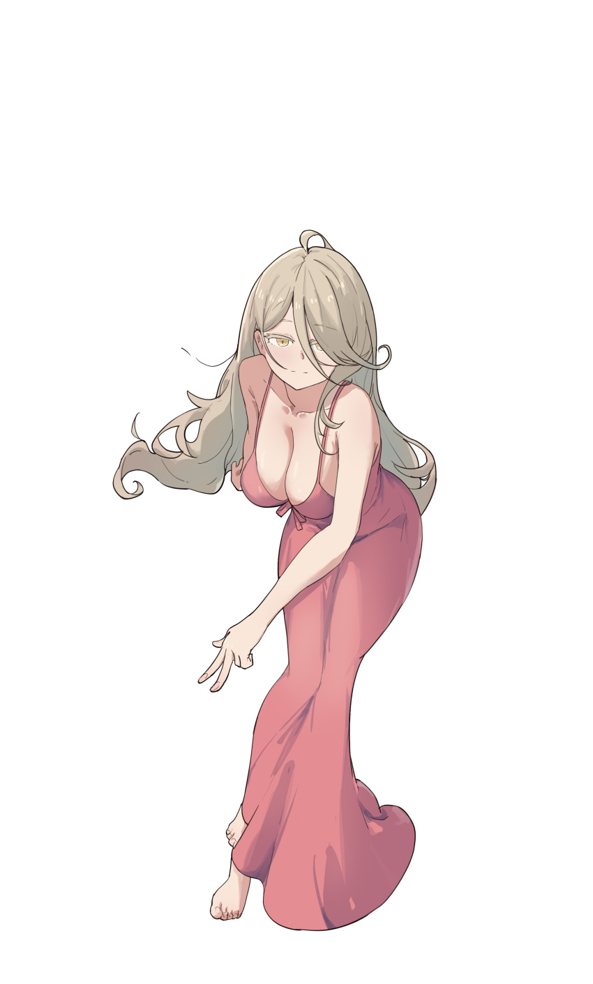 1girl absurdres ahoge bare_arms bare_shoulders barefoot blonde_hair breasts cleavage closed_mouth collarbone dress full_body hair_between_eyes highres large_breasts leaning_forward long_dress long_hair long_hair_between_eyes looking_at_viewer make_heroine_ga_oo_sugiru! red_dress ruiki_(yuaa3578) shikiya_yumeko simple_background sleeveless sleeveless_dress solo standing toes white_background yellow_eyes
