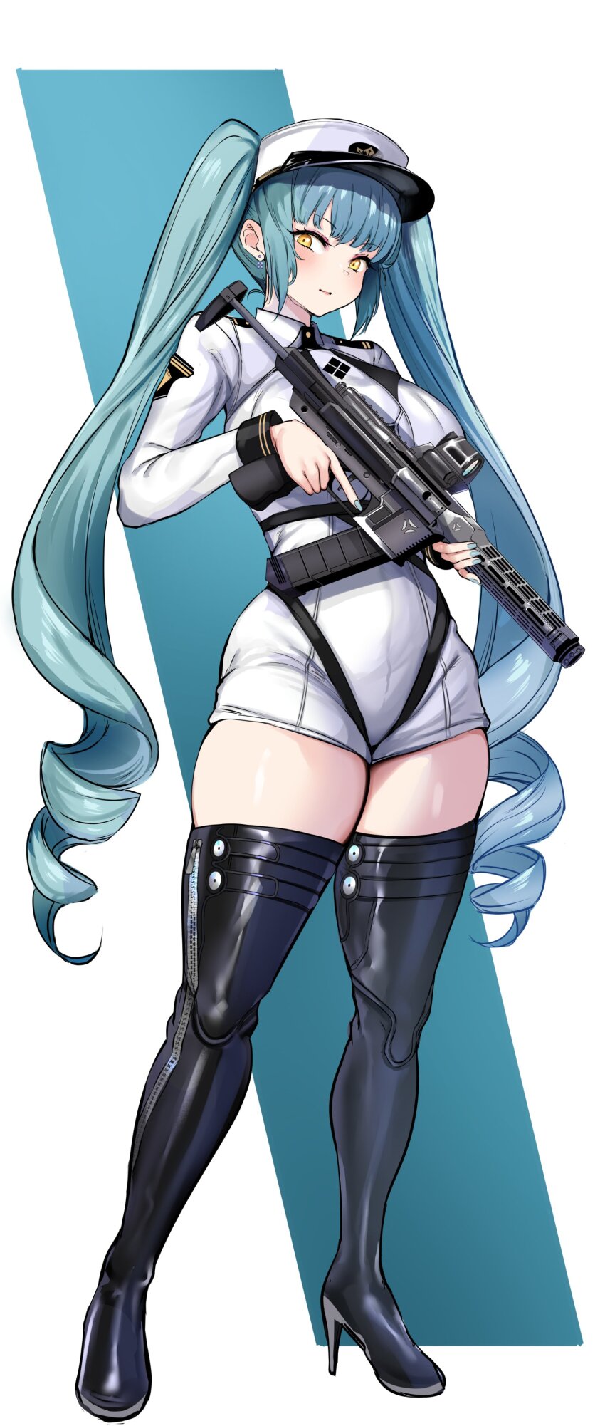 1girl absurdres agetama aqua_hair aqua_nails assault_rifle black_thighhighs boots breasts choppy_bangs earrings floating_earrings full_body goddess_of_victory:_nikke gun harness hat high_heel_boots high_heels highres holding holding_gun holding_weapon jewelry large_breasts long_hair looking_at_viewer military_rank_insignia nail_polish privaty_(nikke) rifle ringlets shoulder_boards sidelocks skindentation solo standing thick_thighs thigh_boots thighhighs thighs trigger_discipline twintails very_long_hair weapon weapon_request white_hat white_romper yellow_eyes zipper_footwear