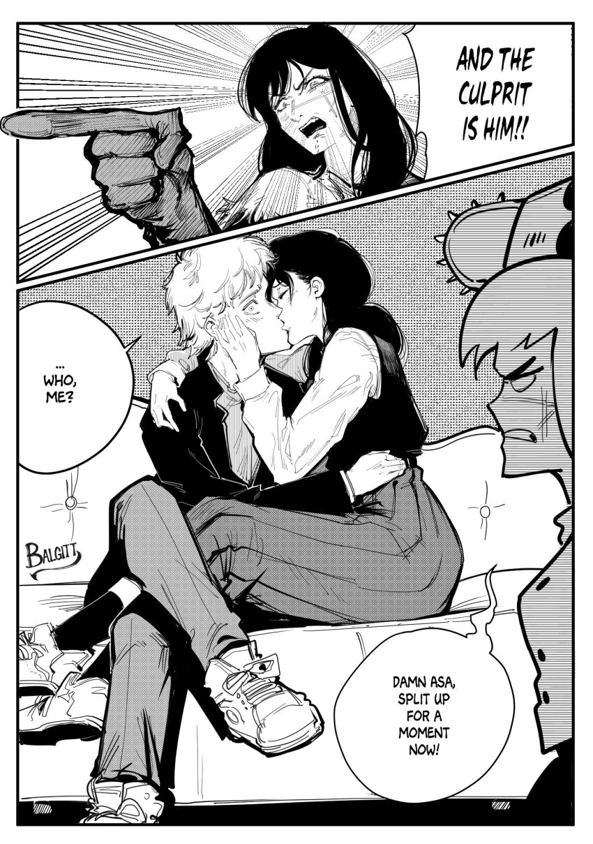 2boys 2girls artist_name black_hair blush breasts chainsaw chainsaw_devil chainsaw_man closed_eyes collared_shirt couch couple crossed_legs denji_(chainsaw_man) dress eye_contact facing_to_the_side fourth_east_high_school_uniform french_kiss greyscale hair_between_eyes hetero highres horns hug husband_and_wife jacket kiss long_hair looking_at_another low_twintails mitaka_asa monochrome multiple_boys multiple_girls no_eyes open_mouth pants pinafore_dress pochita_(chainsaw_man) ringed_eyes scar school_uniform shirt short_hair signature simple_background sitting sitting_on_lap sitting_on_person sleeveless sleeveless_dress spanish_text straddling teeth therapy twintails upright_straddle victorbalgitt white_shirt yoru_(chainsaw_man)