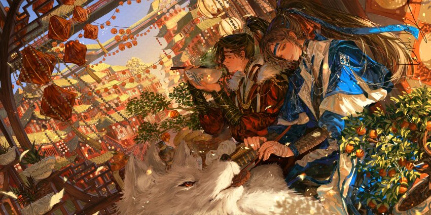 1boy 1girl absurdres architecture bandaged_hand bandages beads bird blue_capelet blue_hanfu blue_headband bowl braid brown_eyes brown_hair building capelet chinese_clothes chinese_food chopsticks east_asian_architecture erha_he_ta_de_bai_mao_shizun food fruit fur_trim gradient_sky hair_ribbon hanfu headband highres holding holding_bowl holding_chopsticks holdnhug lantern long_hair long_sleeves looking_at_animal looking_at_another mandarin_orange nangong_si noodles orange_tree outdoors plant red_hanfu red_ribbon ribbon sitting sky smile steam steamed_bun tassel thai_commentary white_wolf wolf xiao_guan_(headdress) ye_wangxi