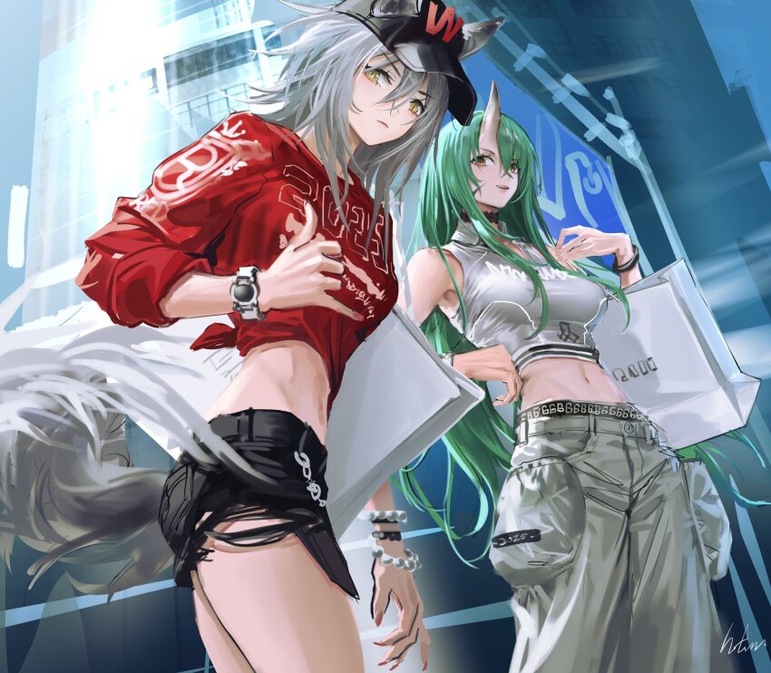 2girls alternate_costume animal_ears arknights bag baggy_pants baseball_cap bead_bracelet beads belt belt_chain black_belt black_choker black_hat bracelet breasts casual choker closed_mouth collared_shirt cropped_shirt cutoffs from_below green_hair grey_hair grey_pants grey_shirt hat highres horns hoshiguma_(arknights) infukun jewelry large_breasts long_hair looking_at_viewer midriff multiple_girls navel open_mouth outdoors pants projekt_red_(arknights) red_shirt scar scar_on_face shirt shopping_bag short_shorts shorts signature single_horn skin-covered_horns sleeveless sleeveless_shirt watch yellow_eyes