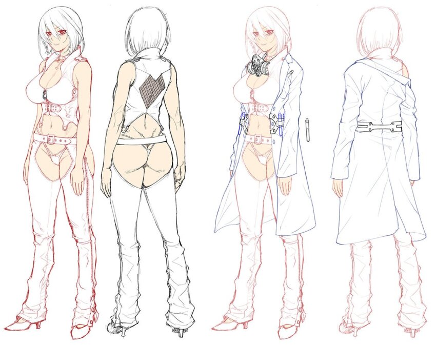 1girl ass breasts coat concept_art large_breasts red_eyes white_hair zol
