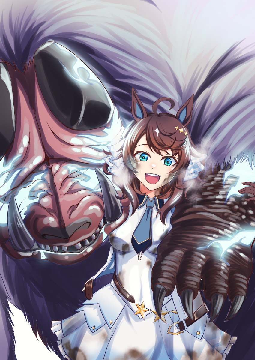 1girl absurdres ahoge animal_ears belt black_hair blue_eyes blush breasts carrying commentary_request daring_tact_(umamusume) dirt doshaguma hair_between_eyes hair_ornament highres horse_girl looking_at_viewer medium_breasts monster monster_hunter_(series) monster_hunter_wilds natuumi_(jmwy5354) open_mouth solo star_(symbol) star_hair_ornament strong textless_version umamusume