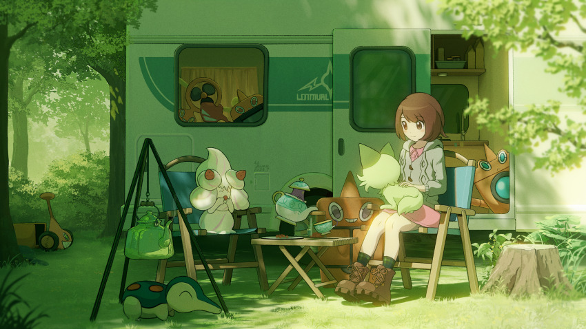 1girl alcremie boots brown_eyes brown_footwear brown_hair bush caravan chair closed_mouth commentary_request cyndaquil day dress gen_2_pokemon gen_4_pokemon gen_8_pokemon grass green_socks highres looking_down nintendo on_lap outdoors pink_dress plate pokemon pokemon_(creature) pokemon_on_lap pokemon_sv pokemon_swsh polteageist rotom rotom_(fan) rotom_(frost) rotom_(heat) rotom_(mow) rotom_(wash) shadow short_hair sitting socks sprigatito tree tree_stump yuma_(lyq_yume)