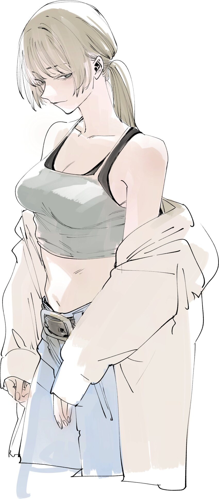 1girl absurdres bare_shoulders belt black_bra blonde_hair blue_pants bra bra_peek breasts coat collarbone commentary crop_top grey_tank_top highres ikuhana_niiro looking_at_viewer midriff navel off_shoulder open_clothes open_coat original pants ponytail sideways_glance simple_background sketch sleeves_past_wrists solo sports_bra standing tank_top underwear white_background