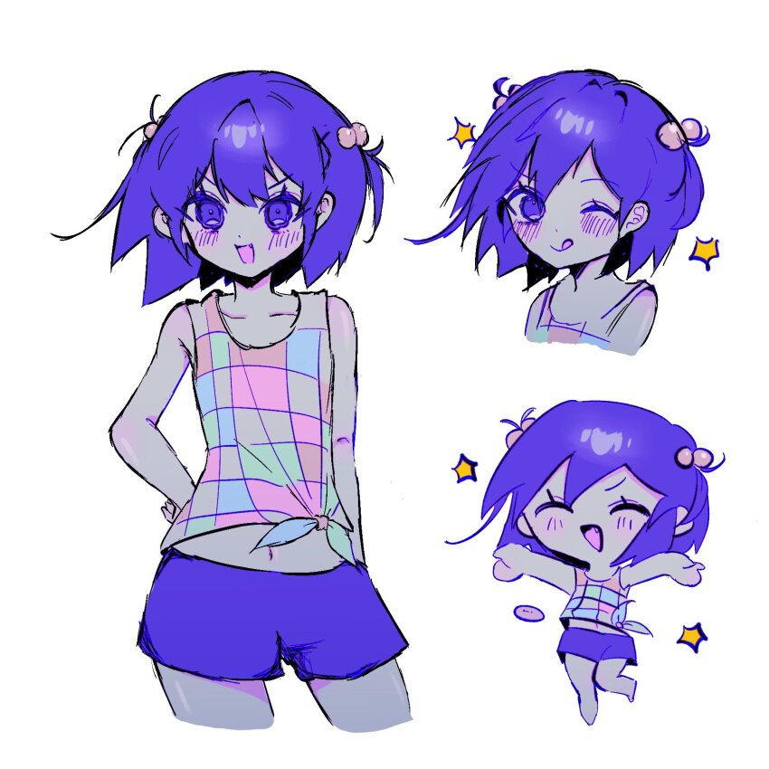 1girl :d :q ^_^ arm_at_side bad_id bad_twitter_id bare_arms bare_shoulders blush checkered_clothes chibi chibi_inset closed_eyes closed_mouth colored_skin cropped_legs cropped_torso dot_nose front-tie_top genderswap genderswap_(mtf) hair_between_eyes hair_bobbles hair_ornament hand_on_own_hip hector_(omori) highres kel_(headspace)_(omori) kel_(omori) looking_at_viewer multiple_views navel omori one_eye_closed open_mouth pet_rock purple_eyes purple_hair purple_shorts rally1111 short_hair short_shorts shorts simple_background smile sparkle tank_top tongue tongue_out v-shaped_eyebrows white_background white_skin