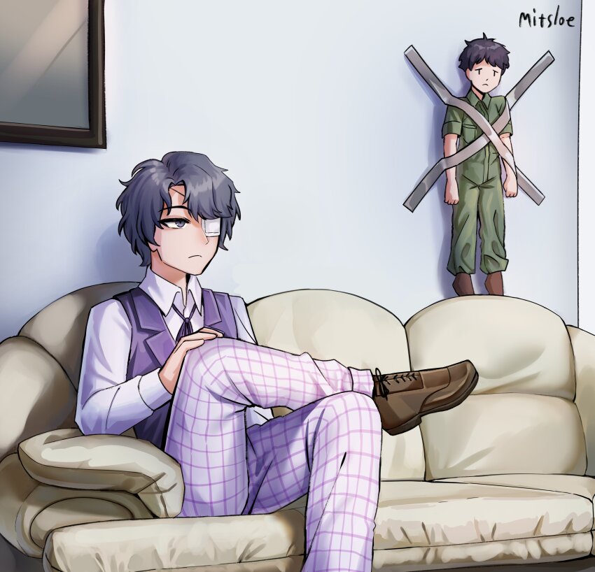 2boys absurdres artist_name black_hair brown_shoes closed_mouth collared_shirt commentary couch crossed_legs daan_(fear_&amp;_hunger) dress_shirt duct_tape english_commentary eyepatch fear_&amp;_hunger_(series) fear_&amp;_hunger_2:_termina frown green_jumpsuit hand_on_own_knee highres jumpsuit kid_taped_to_wall_(meme) levi_(fear_&amp;_hunger) long_sleeves looking_ahead male_focus medical_eyepatch meme multiple_boys neck_ribbon on_couch pants plaid_clothes plaid_pants purple_pants purple_ribbon purple_vest ribbon sakimitsloe shirt shoes short_hair short_sleeves sitting vest white_shirt