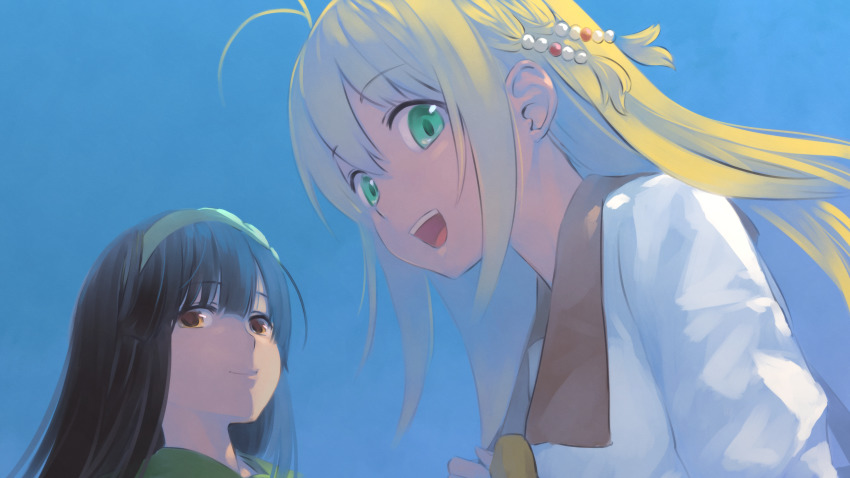 2girls :d absurdres antenna_hair aqua_eyes beads black_hair blue_background closed_mouth green_hairband hair_beads hair_between_eyes hair_ornament hairband highres long_hair multiple_girls open_mouth orange_eyes smile straight_hair tarokazu teeth touhoku_zunko tsurumaki_maki upper_body voiceroid