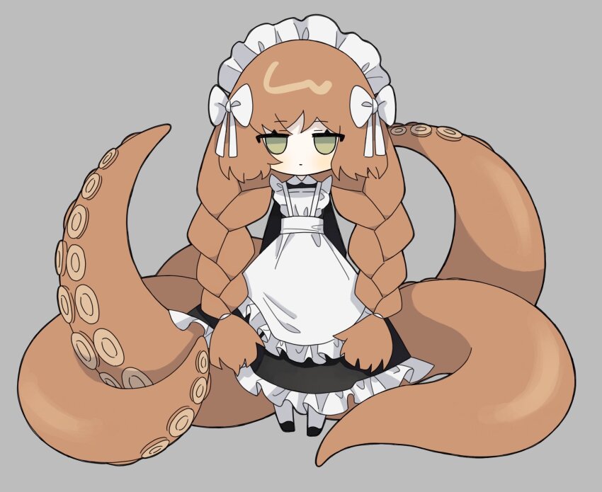 1girl apron black_dress braid dress frilled_apron frills full_body green_eyes grey_background highres ishmael_(project_moon) jitome kitaku_(ienikaeru) limbus_company looking_at_viewer low_twin_braids maid maid_apron maid_headdress project_moon simple_background solo tentacles tentacles_under_clothes twin_braids