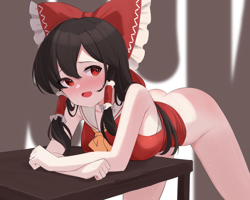 1girl absurdres ascot black_hair blush bottomless bow breasts commentary_request frilled_bow frilled_hair_tubes frills hair_bow hair_tubes hakurei_reimu highres leaning_on_table long_hair oeyama open_mouth paid_reward_available red_bow red_eyes smile solo sweat touhou