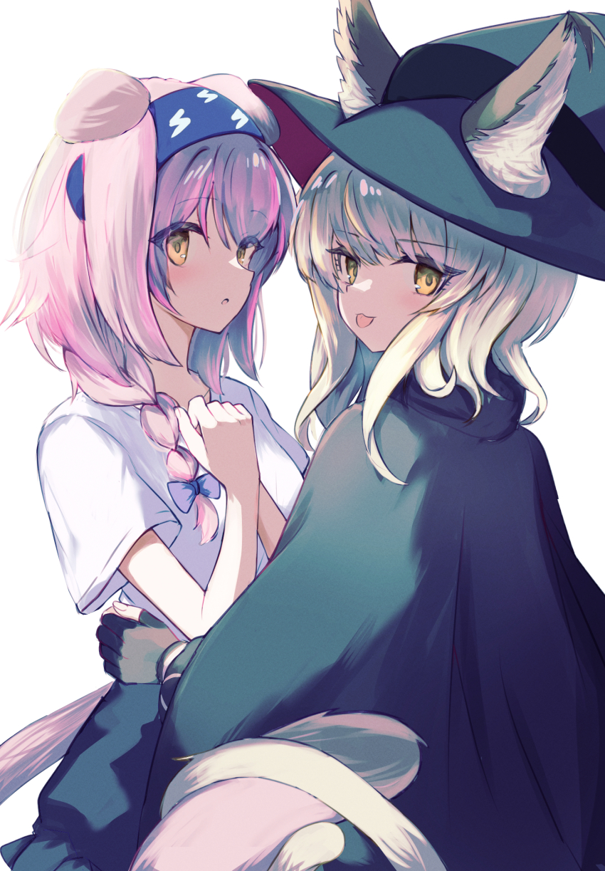 2girls :o :p animal_ear_fluff animal_ears arknights black_gloves blue_cloak blue_hairband blue_headwear blue_skirt braid cat_ears cat_girl cat_tail cloak closed_mouth commentary_request ears_through_headwear fingerless_gloves frilled_skirt frills gloves goldenglow_(arknights) hair_over_shoulder hairband hat haze_(arknights) highres lightning_bolt_print long_hair multiple_girls parted_lips pink_hair print_hairband reinoni shirt short_sleeves simple_background single_braid skirt smile tail tongue tongue_out white_background white_hair white_shirt witch_hat yellow_eyes