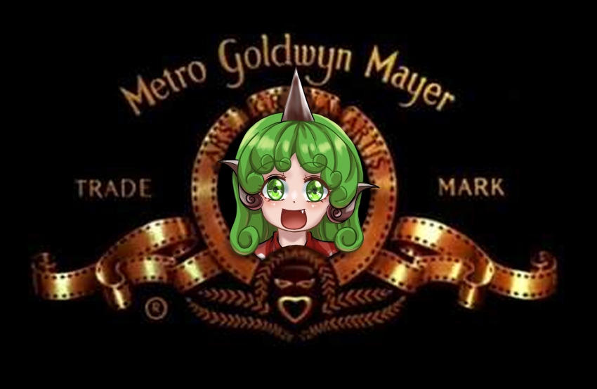 1girl :d black_background commentary english_commentary fang green_eyes green_hair highres horns komano_aunn kyoto_kiranami logo_parody looking_at_viewer metro-goldwyn-mayer open_mouth parody single_horn smile solo touhou