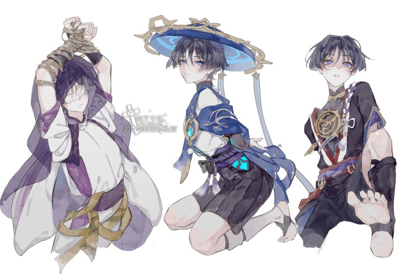 3boys armor arms_behind_back arms_up belt black_belt black_bodysuit black_bow black_hair black_leggings black_shorts black_sleeves blindfold blue_cape blue_gemstone blue_hat blunt_ends bodysuit bound bound_wrists bow brown_sash cape closed_mouth clothing_cutout cross eyeliner eyeshadow feathers feet flower furisode gem genshin_impact glaring gold gold_trim hakama hakama_shorts hat highres imminent_stomping japanese_armor japanese_clothes jewelry jingasa kariginu kimono knee_up kneeling kote kurokote layered_kimono layered_sleeves leg_warmers leggings looking_at_viewer makeup mandarin_collar mitsudomoe_(shape) multiple_boys multiple_persona neck_ring o-ring pleated_shorts pom_pom_(clothes) purple_eyes purple_hair purple_kimono purple_rope purple_sash purple_sleeves purple_veil red_eyeliner red_eyeshadow red_sash rope rose sash scaramouche_(genshin_impact) scaramouche_(kabukimono)_(genshin_impact) see-through_clothes see-through_veil shaded_face shimenawa short_sleeves shorts side_cutout stirrup_legwear tassel tasuki toeless_legwear toes tomoe_(symbol) veil vision_(genshin_impact) wanderer_(genshin_impact) watermark white_background white_blindfold white_leg_warmers white_rope white_sleeves white_trim yellow_feathers yxablugg7yqtw1y