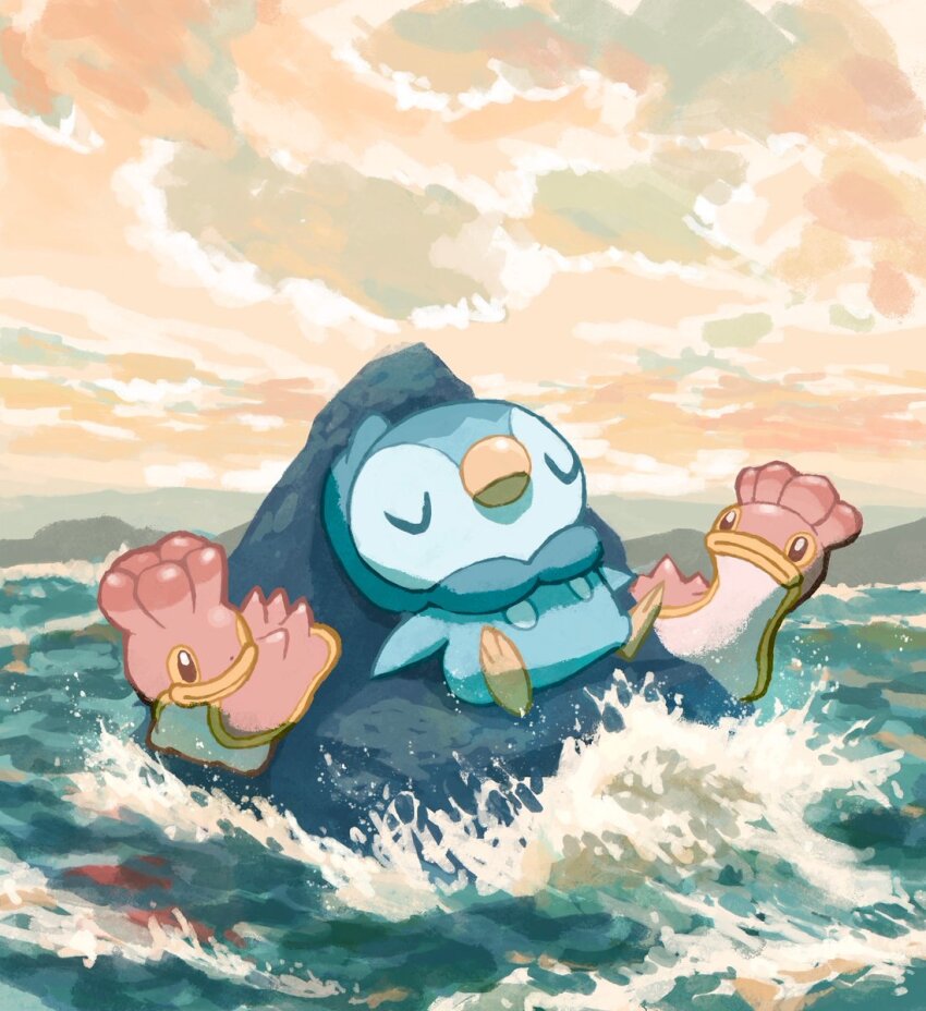 aruco_co bird black_eyes bright_pupils closed_eyes cloud cloudy_sky gen_4_pokemon highres looking_at_another mountainous_horizon nintendo no_humans on_rock outdoors penguin piplup pokemon pokemon_(creature) sea_slug shellos shellos_(west) sky sleepy water waves white_pupils