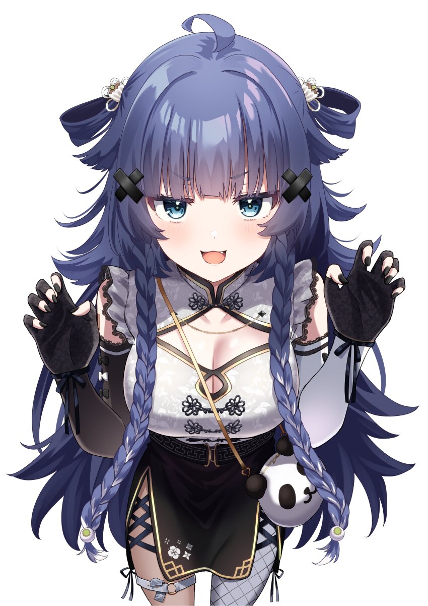 1girl absurdres ahoge asymmetrical_legwear asymmetrical_sleeves black_dress black_gloves black_nails black_skirt black_sleeves blue_hair braid breasts china_dress chinese_clothes claw_pose cleavage cleavage_cutout clothing_cutout detached_sleeves dress gloves green_eyes hair_rings highres indie_virtual_youtuber jitome large_breasts light_blush long_hair mismatched_sleeves pelvic_curtain second-party_source simple_background single_fishnet_legwear single_leg_pantyhose siokazunoko skirt sleeveless solo thigh_strap twin_braids two-tone_dress v-shaped_eyebrows very_long_hair virtual_youtuber white_background white_dress white_sleeves yayamugi_(vtuber)