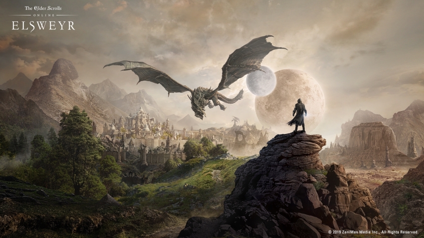 1boy black_coat cloud coat copyright_name dragon english_text full_moon highres hood hooded_coat moon multiple_moons official_art rock standing the_elder_scrolls the_elder_scrolls_online tree western_dragon