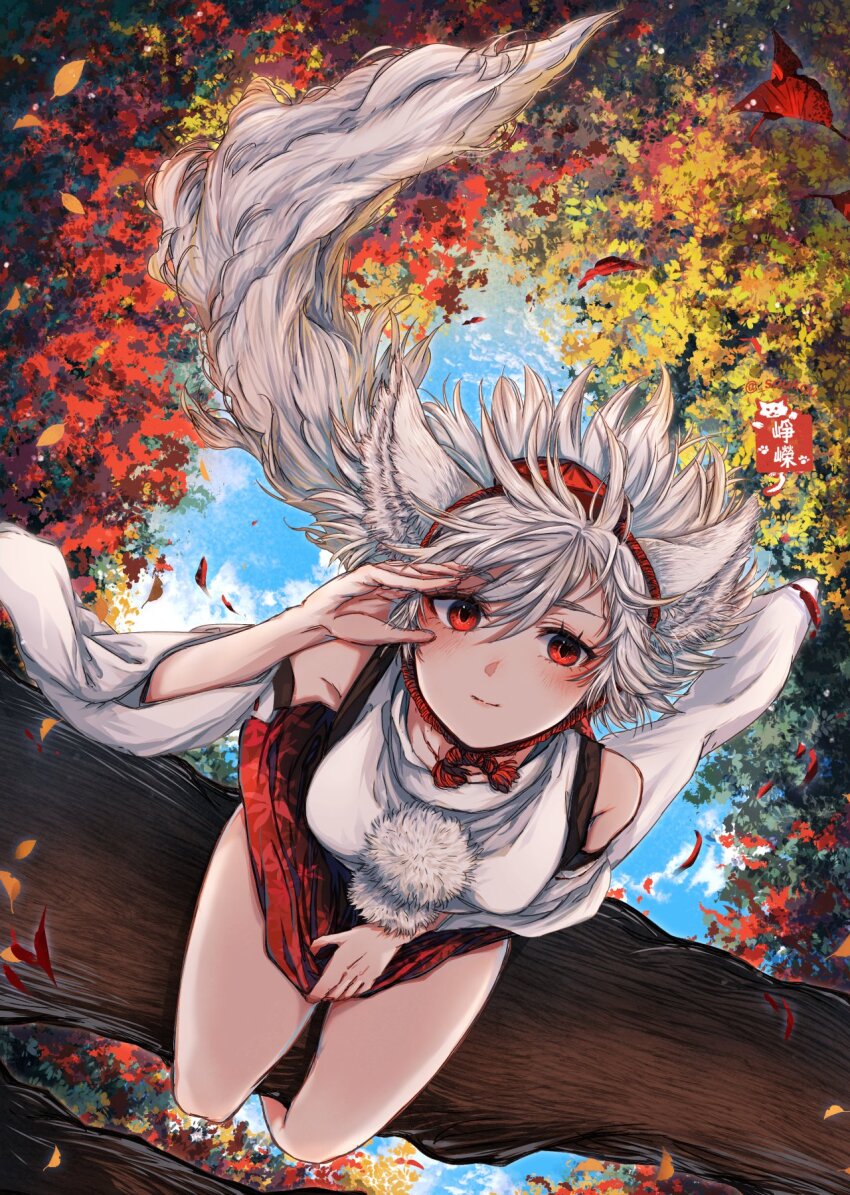1girl animal_ears autumn_leaves bare_shoulders blue_sky breasts cloud commentary_request detached_sleeves from_above hair_between_eyes hat highres inubashiri_momiji leaf leaf_print light_smile looking_at_viewer maple_leaf_print medium_breasts pom_pom_(clothes) red_eyes red_skirt shirt short_hair sitting_on_branch skirt skirt_hold sky sleeveless sleeveless_shirt solo soukou_(artist) tail thighs tokin_hat touhou upside-down white_hair wolf_ears wolf_girl wolf_tail
