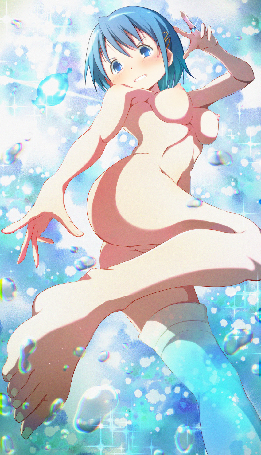 1girl absurdres ass blue_eyes blue_hair completely_nude dai_toro feet from_below hair_ornament hairclip henshin highres jewelry looking_at_viewer mahou_shoujo_madoka_magica mahou_shoujo_madoka_magica_(anime) miki_sayaka nipples nude pussy ring short_hair single_thighhigh smile solo soul_gem thighhighs toenails toes