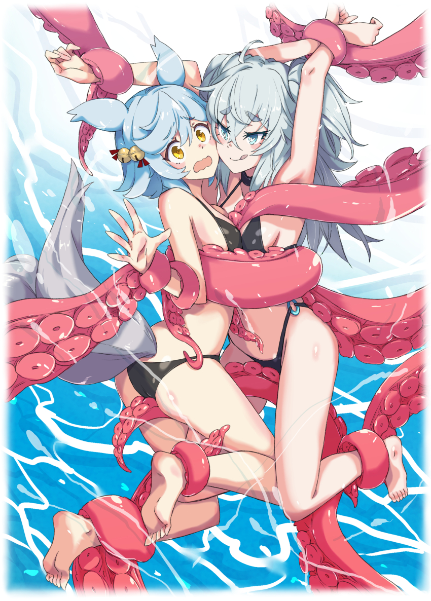 2girls alternate_costume animal_ears aqua_hair arms_up azur_lane bell bikini blue_hair bound bound_ankles bound_wrists breast_press commission florence_(neural_cloud) fox_ears fubuki_(azur_lane) full_body girls&#039;_frontline girls&#039;_frontline_neural_cloud hair_bell hair_ornament highres jack_(wkm74959) jingle_bell licking_lips long_hair multiple_girls pa-15_(girls&#039;_frontline) pixiv_commission swimsuit symmetrical_docking tentacles thick_eyebrows toes tongue tongue_out yuri