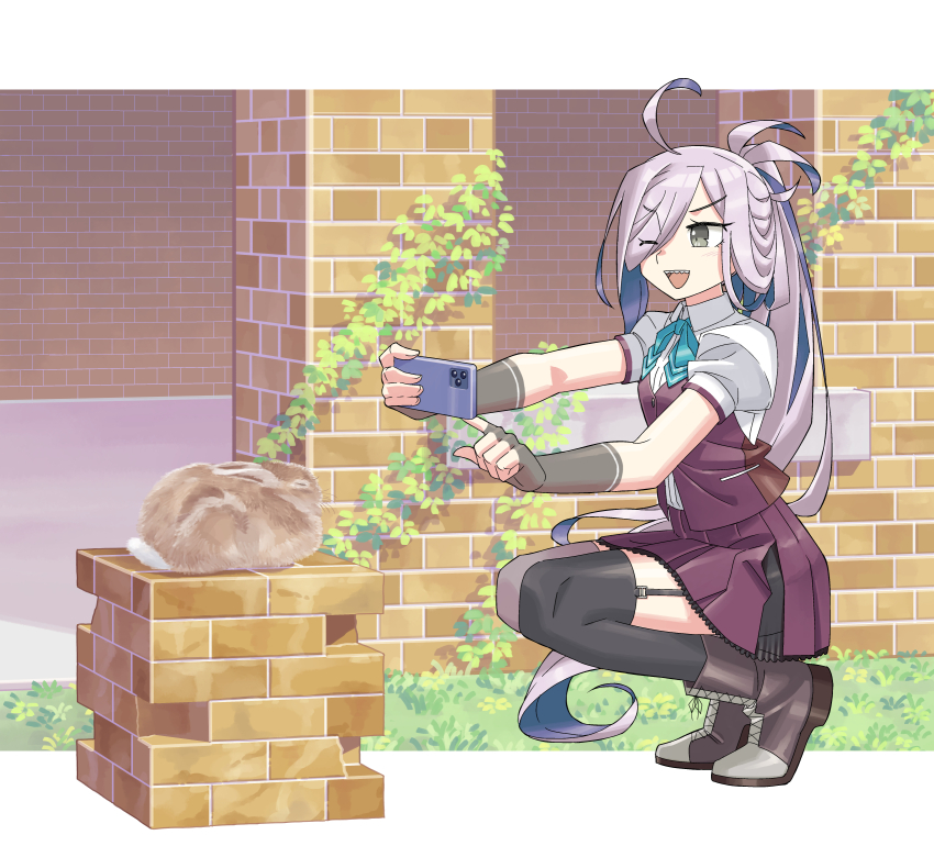 1girl ahoge aqua_bow aqua_bowtie asashimo_(kancolle) asashimo_kai_ni_(kancolle) asymmetrical_legwear black_thighhighs boots bow bowtie cat fingerless_gloves garter_straps gloves grey_eyes grey_gloves grey_hair grey_thighhighs hair_over_one_eye highres kantai_collection kazh_(kazu) lace-up_boots mismatched_legwear ponytail puffy_sleeves purple_shirt purple_vest sharp_teeth shirt short_sleeves smile squatting teeth thighhighs vest white_shirt