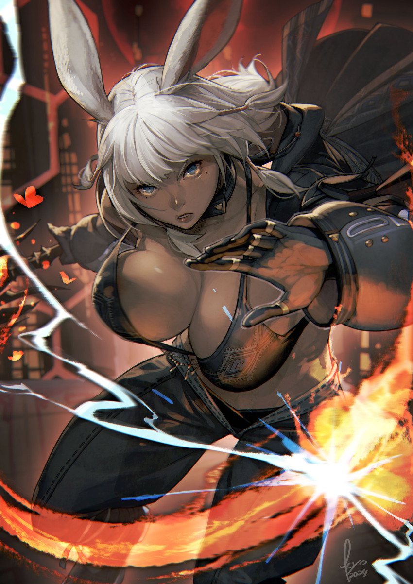 1girl absurdres animal_ears areola_slip attack bikini bikini_top_only bikini_under_clothes black_gloves blue_eyes blurry blurry_background bouncing_breasts breasts coat collar dark-skinned_female dark_skin final_fantasy final_fantasy_xiv floating_hair gloves grey_hair halterneck highres holding holding_sword holding_weapon hood hood_down hooded_coat incoming_attack jewelry kyo_(kuroichigo) large_breasts lips long_hair long_sleeves looking_at_viewer mole mole_under_eye multiple_rings open_clothes open_coat pants parted_lips rabbit_ears ring serious solo stomach swimsuit sword unaligned_breasts v-shaped_eyebrows viera warrior_of_light_(ff14) weapon