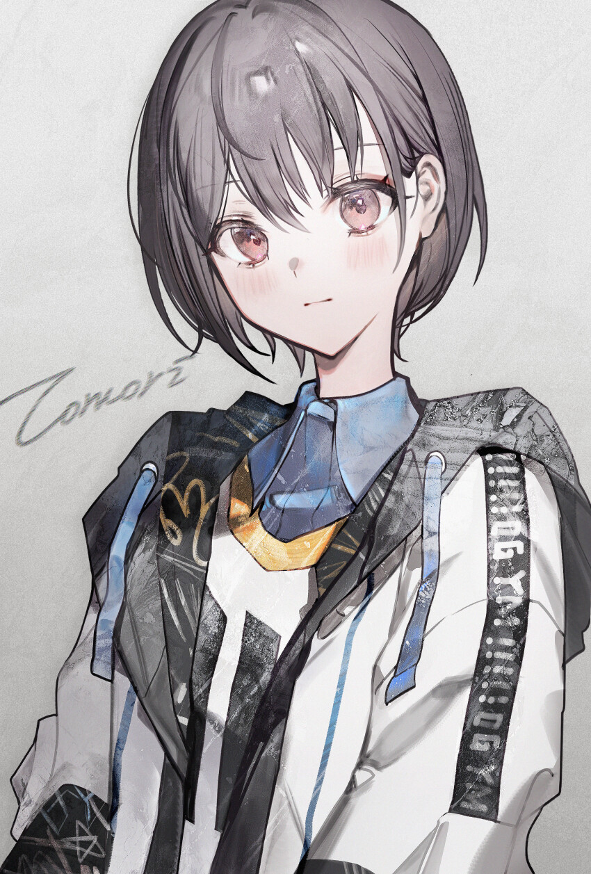 1girl absurdres ajirui bang_dream! bang_dream!_it&#039;s_mygo!!!!! blush brown_hair character_name closed_mouth commentary drawstring expressionless grey_background highres hood hooded_jacket jacket looking_at_viewer open_clothes open_jacket red_eyes short_hair simple_background solo takamatsu_tomori upper_body