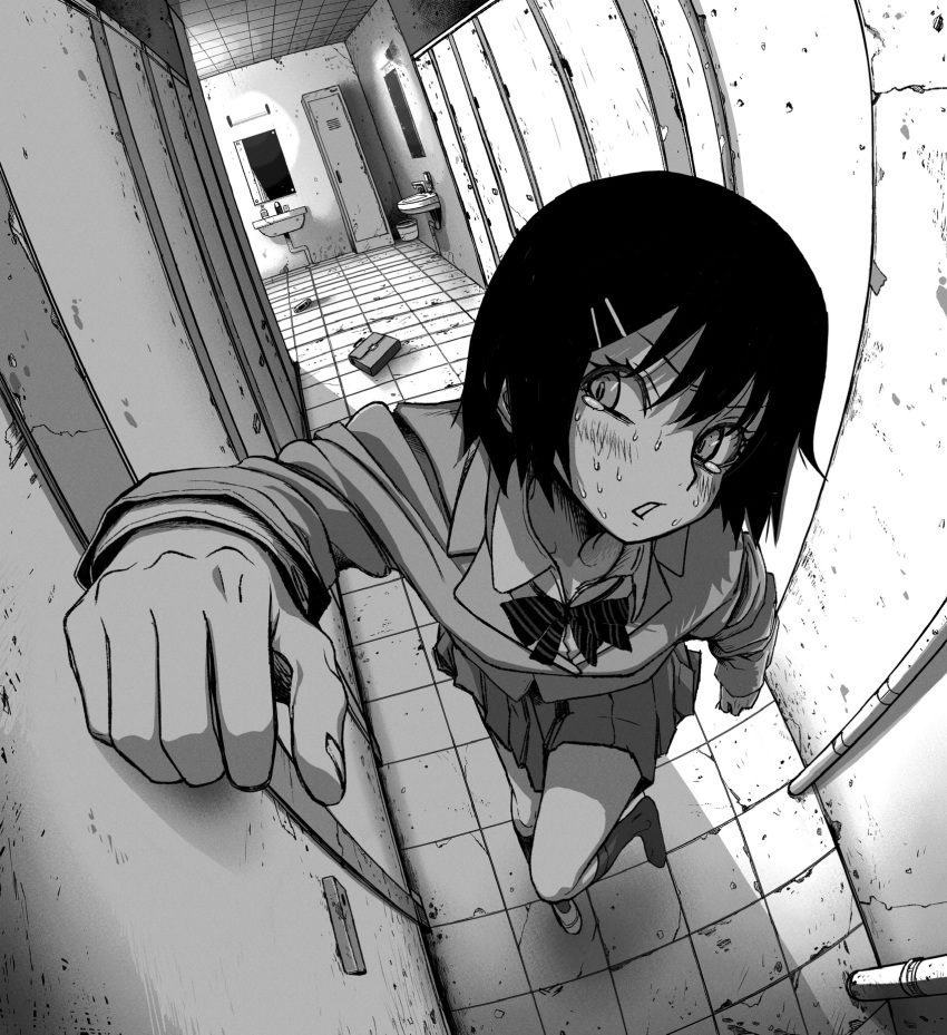 1girl arm_up bag bathroom blush bow bowtie breasts clenched_hands door dutch_angle embarrassed faucet female_focus fisheye full_body greyscale hair_ornament hairclip have_to_pee highres indoors jacket kneehighs knocking leg_up locker long_sleeves looking_up miniskirt mirror monochrome omao original parted_lips pleated_skirt school_uniform shirt shoes short_hair single_shoe sink skirt small_breasts socks solo standing standing_on_one_leg striped_bow striped_bowtie striped_clothes striped_neckwear sweat tears teeth trash_can unworn_shoe unworn_shoes