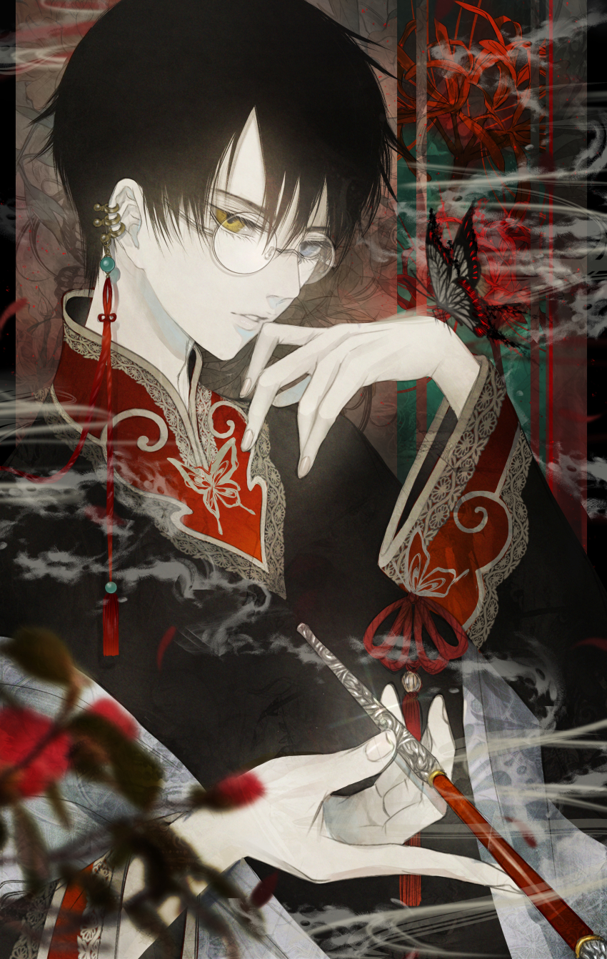 1boy absurdres animal_print beads black_hair black_robe blue_eyes blurry bug butterfly butterfly_brooch butterfly_print clamp_(style) depth_of_field earrings embroidery eyelashes fingernails floral_background flower glasses hand_up heterochromia highres holding holding_smoking_pipe insect jewelry kiseru long_sleeves looking_at_viewer male_focus multiple_earrings pale_skin parted_lips red_flower robe round_eyewear satsuki_kei shawl short_hair smoke smoking_pipe solo spider_lily tassel upper_body watanuki_kimihiro xxxholic yellow_eyes