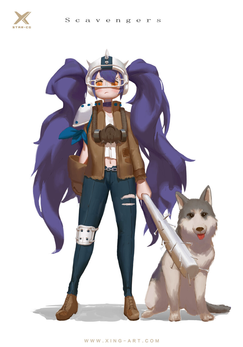 1girl american_football_helmet armband artist_name asymmetrical_sleeves belt belt_buckle belt_collar black_belt black_mask blue_armband blue_pants blush_stickers boots brown_boots brown_gloves brown_jacket buckle chain_belt chinese_commentary closed_mouth club club_(weapon) collar collared_jacket commentary_request dated_commentary denim determined dog english_text frilled_sleeves frills frown full_body gas_mask gloves hair_through_headwear helmet high_collar highres holding holding_club holding_weapon jacket jeans knee_pads long_hair long_sleeves mask mask_around_neck midriff navel open_clothes open_jacket orange_eyes original pants purple_hair shadow shirt short_sleeves simple_background single_glove single_knee_pad single_shoulder_pad solo spiked_club spiked_helmet standing starlab torn_clothes torn_jeans torn_pants twintails v-shaped_eyebrows very_long_hair watermark wavy_hair weapon white_background white_helmet white_shirt