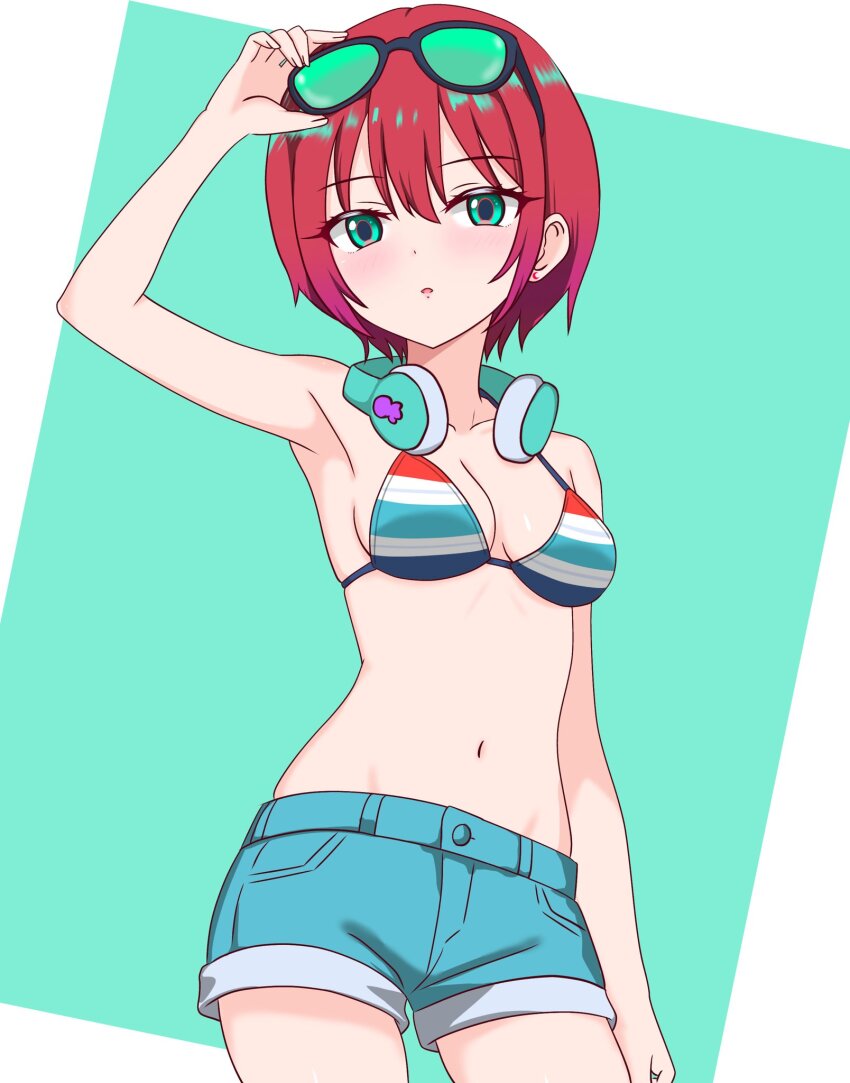 1girl adjusting_eyewear amate_yuzuriha aqua_shorts blue_shorts breasts cowboy_shot denim denim_shorts green-tinted_eyewear green_background green_eyes gundam gundam_gquuuuuux headphones headphones_around_neck highres navel red_hair roy_rx short_shorts shorts simple_background small_breasts solo sunglasses tinted_eyewear