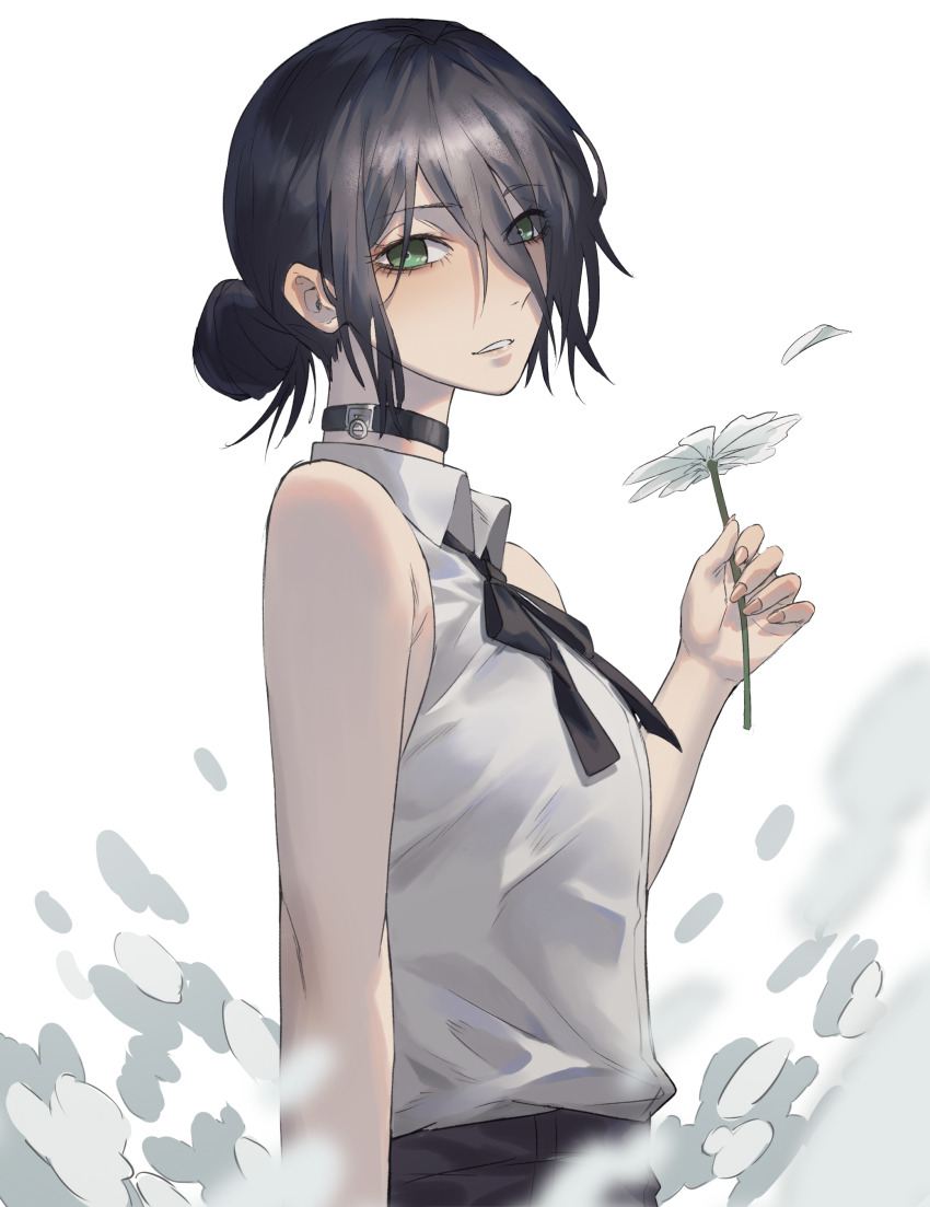 1girl absurdres black_bow black_bowtie black_choker bow bowtie chainsaw_man choker collared_shirt flower folded_hair food green_eyes hair_between_eyes hair_bun hand_up highres holding holding_food looking_at_viewer petals purple_hair reze_(chainsaw_man) shirt shirt_tucked_in short_hair simple_background single_hair_bun sleeveless sleeveless_shirt solo tyrezal white_background white_flower white_shirt